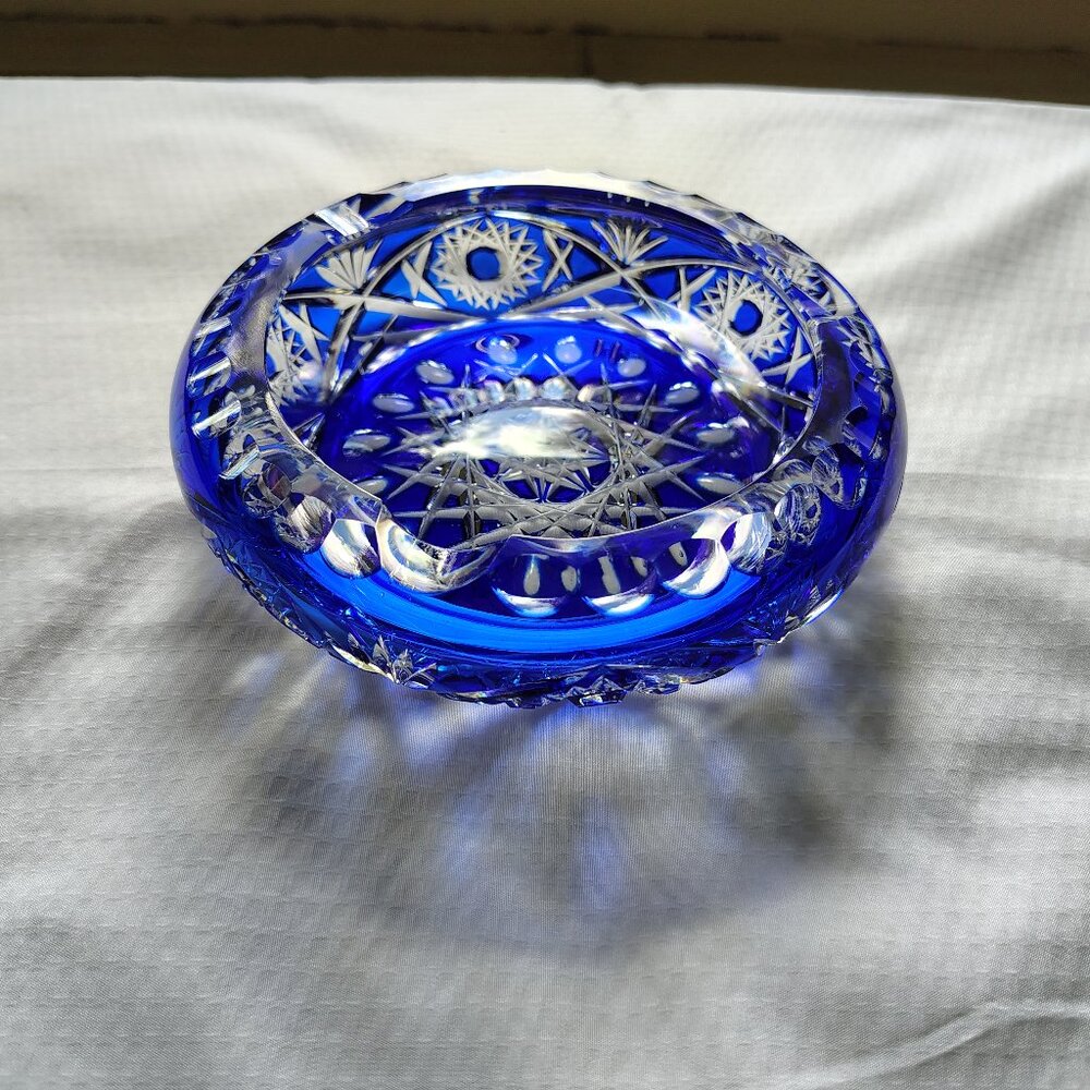 Blue Crystal Cut Glass Ashtray 6 inches